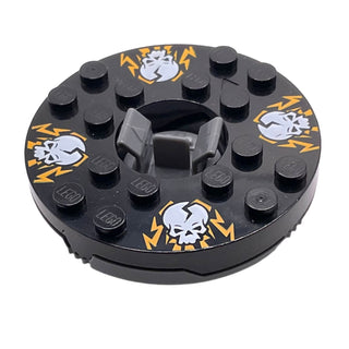 Ninjago Spinner Turntable 6 x 6 x 1 1/3 Round Base with Black Top with White Skulls on Orange Pattern, Part# 92549c02pb03 Part LEGO® Dark Bluish Gray with Trans-Clear Plate Round Bottom Very Good