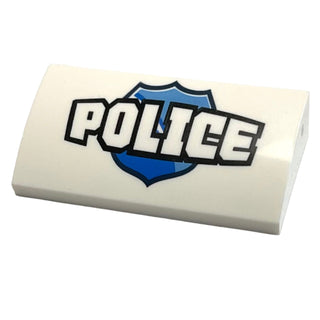 Slope, Curved 2 x 4 x 2/3 with Bottom Tubes with 'POLICE' over Blue Badge Pattern, Part# 88930pb037 Part LEGO® White Very Good