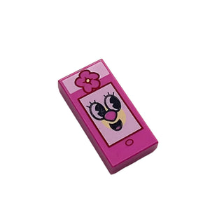 Tile 1 x 2 with PowerPuff Cell Phone / Smartphone with Flower Bow Pattern, Part# 3069pb0674 Part LEGO® Dark Pink Very Good