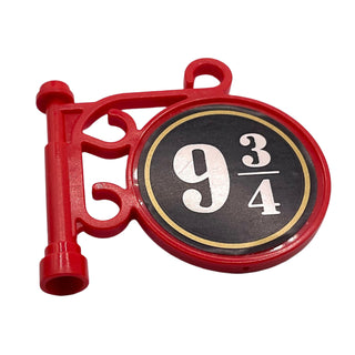 Road Sign Round on Pole with Ornate Top Attachment with White '9 3/4' on Black Circle Pattern on both Sides (Stickers), Part# x222pb06 Part LEGO® Red Very Good