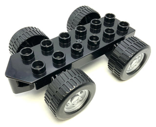 Duplo Car Base 2x6 with Four Black Wheels and Metallic Silver Hubs, Part# 54007c03 Part LEGO® Black