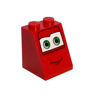 Slope 65 2x2x2 with Bottom Tube with Green Eyes on White Background and Smile Pattern 2, Part# 3678bpb037 Part LEGO® Red