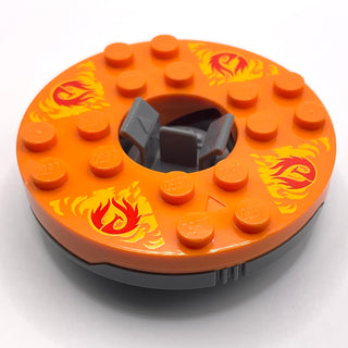 Ninjago Spinner Turntable 6 x 6 x 1 1/3 Round Base with Orange Top and Red Phoenixes on Yellow Flames Pattern, Part# 92549c05pb02 Part LEGO® Dark Bluish Gray with Trans-Clear Spinner Bottom Very Good