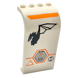 Panel 3 x 4 x 6 Curved Top with Orange Stripe, Gray Hexagonal Hatch and Dragon Logo Facing Left Pattern (Sticker), Part# 2571pb09L Part LEGO® White Very Good