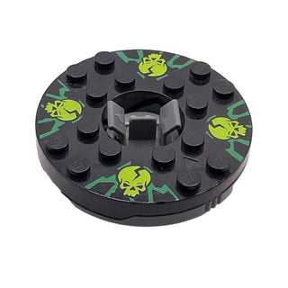 Ninjago Spinner Turntable 6 x 6 x 1 1/3 Round Base Serrated with Lime Skulls on Green Pattern, Part# 92549c02pb01 Part LEGO® Dark Bluish Gray with Trans-Clear Spinner Bottom Very Good