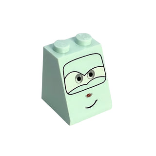 Slope 65 2x2x2 with Bottom Tube with Gray Eyes and Crooked Smile Pattern, Part# 3678bpb034 Part LEGO® Light Aqua