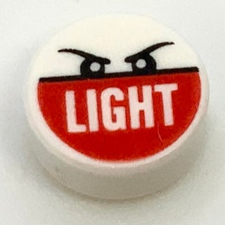 Tile Round 1x1 with 'Light' on Red Background and Angry Eyes Pattern, Part# 98138pb052 Part LEGO®