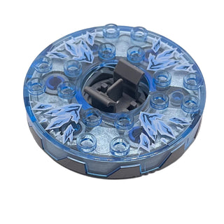 Ninjago Spinner Turntable 6 x 6 x 1 1/3 Round Base Serrated with Trans-Medium Blue Top with Ice Shards Pattern, Part# bb0549c14pb01 Part LEGO® Flat Silver with Trans-Clear Plate Round Bottom Very Good