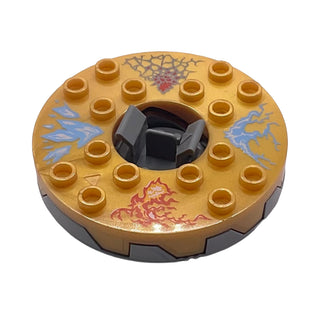 Ninjago Spinner Turntable 6 x 6 x 1 1/3 Round Base Serrated with Pearl Gold Top with Blue, Red, and Silver Pattern, Part# bb0549c18pb01 Part LEGO® Flat Silver with Trans-Clear Plate Round Bottom Very Good