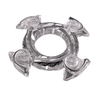Ninjago Spinner Crown Ring 4x4 with 2x2 Hole and 4 Swirl Ends with Black and Silver Pattern, Part# 98345pb01 Part LEGO® Trans-Clear Very Good