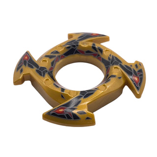 Ninjago Spinner Crown Ring 4x4 with 2x2 Hole and 4 Arrow Ends with Black and Red Stone Shards Pattern, Part# 98341pb03 Part LEGO® Pearl Gold Very Good