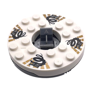 Ninjago Spinner Turntable 6 x 6 x 1 1/3 Round Base with White Top with Black Dragons on Gold Pattern, Part# 92549c01pb01 Part LEGO® Dark Bluish Gray with Trans-Clear Spinner Bottom Very Good