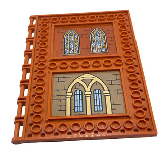 Tile, Modified 10x16 with Studs on Edges and Bar Handles with Brick Walls and Stained Glassed Window Pattern (Stickers), Part# 69934pb011 Part LEGO® Dark Orange Very Good