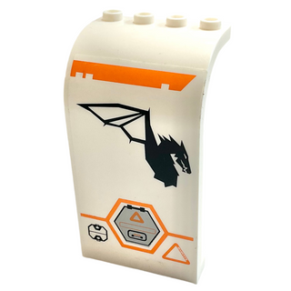 Panel 3 x 4 x 6 Curved Top with Orange Stripe, Gray Hexagonal Hatch and Dragon Logo Facing Right Pattern (Sticker), Part# 2571pb09R Part LEGO® White Very Good
