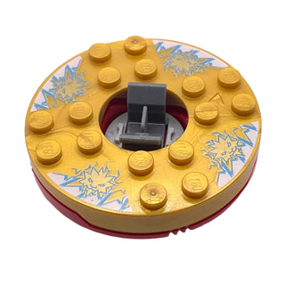 Ninjago Spinner Turntable 6 x 6 x 1 1/3 Round Base with Pearl Gold Top with Gold Faces on White and Blue Pattern, Part# 92549c04pb04 Part LEGO® Red with Trans-Clear Spinner Bottom Very Good