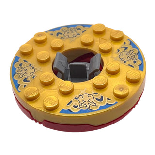 Ninjago Spinner Turntable 6 x 6 x 1 1/3 Round Base with Pearl Gold Top with Gold Faces on Blue Pattern, Part# 92549c04pb02 Part LEGO® Red with Trans-Clear Plate Round Bottom Very Good