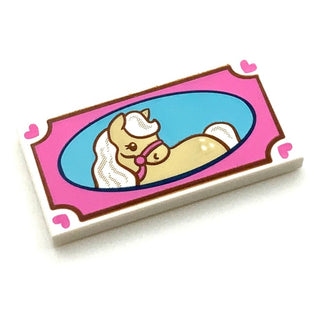 Tile Decorated 2x4 with Dark Pink Picture Frame and Tan Horse Pattern, Part# 87079pb0168 Part LEGO® White