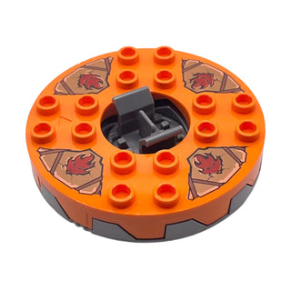 Ninjago Spinner Turntable 6 x 6 x 1 1/3 Round Base Serrated with Orange Top and Dark Red Faces on Dark Tan and Dark Gray Pattern, Part# bb0549c07pb01 Part LEGO® Flat Silver with Trans-Clear Spinner Bottom Very Good