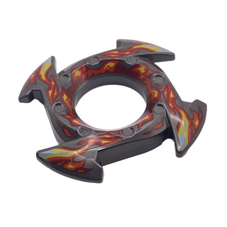 Ninjago Spinner Crown Ring 4x4 with 2x2 Hole and 4 Arrow Ends with Yellow and Red Flames Pattern, Part# 98341pb06 Part LEGO® Pearl Dark Gray Very Good
