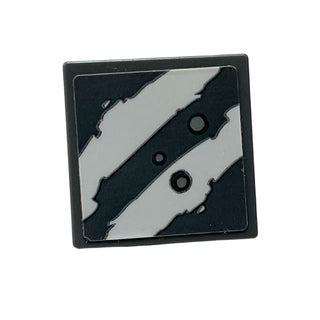 Road Sign 2x2 Square with Open O Clip with 2 Rugged White Diagonal Stripes and Blaster Marks on Dark Bluish Gray Background (Sticker), Part# 15210pb056 Part LEGO® Dark Bluish Gray Very Good