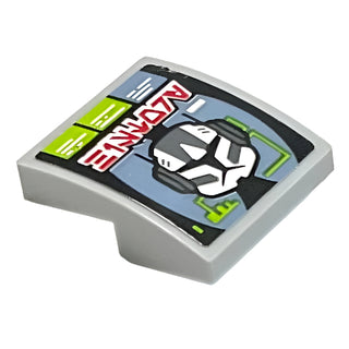 Slope, Curved 2 x 2 x 2/3 with Clone Trooper Helmet, Lime and Sand Blue Text Boxes and Red Aurebesh Characters 'HISTORY' Pattern (Sticker), Part# 15068pb445 Part LEGO® Light Bluish Gray