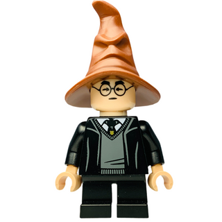 Harry Potter - Hogwarts Robe, Black Tie and Short Legs, Reddish Brown Sorting Hat, hp466 Minifigure LEGO® Like New