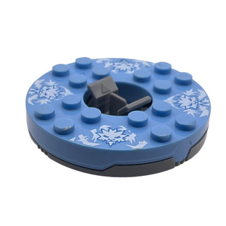 Ninjago Spinner Turntable 6 x 6 x 1 1/3 Round Base with Medium Blue Top and White Faces on White Ice Shards Pattern, Part# 92549c03pb01 Part LEGO® Dark Bluish Gray with Trans-Clear Plate Round Bottom Very Good