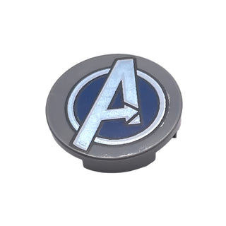 Tile, Round 2x2 with Bottom Stud Holder with Dark Blue and Metallic Light Blue Avengers Logo Pattern, Part# 14769pb259 Part LEGO® Dark Bluish Gray