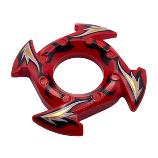 Ninjago Spinner Crown Ring 4x4 with 2x2 Hole and 4 Arrow Ends with Black, Gold, and White Flames Pattern, Part# 98341pb02 Part LEGO® Red Very Good
