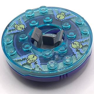Ninjago Spinner Turntable 6 x 6 x 1 1/3 Round Base with Trans-Light Blue Top and Glow In Dark Skulls on Medium Blue Pattern, Part# 92549c08pb01 Part LEGO® Dark Purple with Trans-Clear Spinner Bottom Very Good