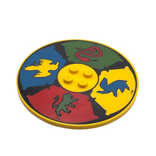 Tile, Round 8 x 8 with 4 Studs in Center with HP Gryffindor, Ravenclaw, Hufflepuff, and Slytherin Logos Pattern, Part# 6177px1 Part LEGO® Yellow Very Good