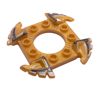 Ninjago Spinner Crown Ring 4x4 with 2x2 Hole and 4 Serrated Ends with Black and Silver Pattern, Part# 98343pb03 Part LEGO® Pearl Gold Very Good