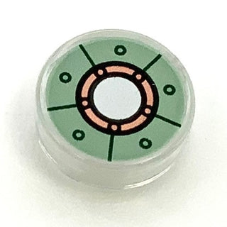 Tile Round 1x1 with Sand Green Iron Man Chest Reactor Pattern, Part# 98138pb035 Part LEGO® Trans-Clear