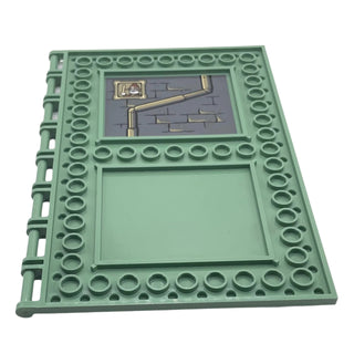 Tile, Modified 10x16 with Studs on Edges and Bar Handles with Drainpipe, Brick Wall, and Wizard Portrait Pattern on Inside (Sticker), Part# 69934pb007 Part LEGO® Sand Green Very Good