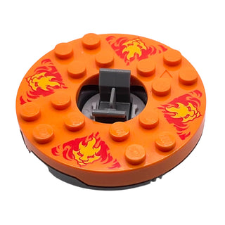 Ninjago Spinner Turntable 6 x 6 x 1 1/3 Round Base with Orange Top and Bright Light Orange Faces on Red Flames, Part# 92549c05pb01 Part LEGO® Dark Bluish Gray with Trans-Clear Spinner Bottom Very Good