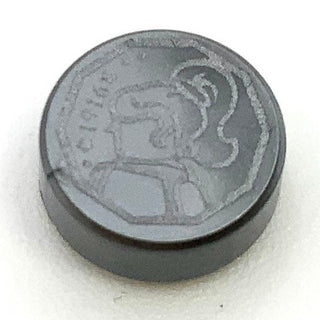 Tile Round 1x1 with Female Minifigure Silhouette and '1916' in Coin Pattern, Part# 98138pb005 Part LEGO® Flat Silver