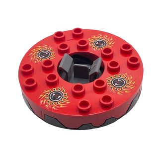 Turntable 6 x 6 x 1 1/3 Round Base Serrated with Red Top and Red, White, Yellow and Black Fangpyre Pattern, Part# bb0549c08pb01 Part LEGO® Pearl Dark Gray with Trans-Clear Plate Round Bottom Very Good