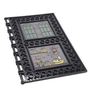 Tile, Modified 10x16 with Studs on Edges and Bar Handles with Shelves, Skull, Jars, Brick Wall, Picture and Windows Pattern on Inside (Stickers), Part# 69934pb016 Part LEGO® Black Very Good