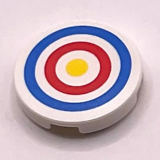 Tile, Round 2 x 2 with Bottom Stud Holder with Blue and Red Circles and Yellow Dot Archery Target Pattern, Part# 14769pb086 Part LEGO® White