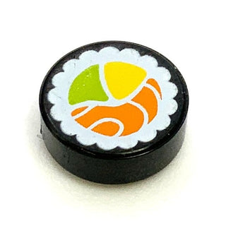 Tile Round 1x1 with Sushi Salmon Maki Roll Pattern, Part# 98138pb038 Part LEGO® Black