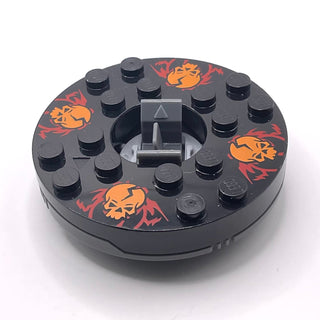 Ninjago Spinner Turntable 6 x 6 x 1 1/3 Round Base with Black Top with Orange Skulls on Red Pattern, Part# 92549c02pb02 Part LEGO® Dark Bluish Gray with Trans-Clear Spinner Bottom Very Good