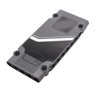 Technic, Panel Plate 5 x 11 x 1 with Black Button, White Stripes, and Window Pattern Model Left Side (Sticker), Part# 64782pb038L Part LEGO® Dark Bluish Gray Very Good
