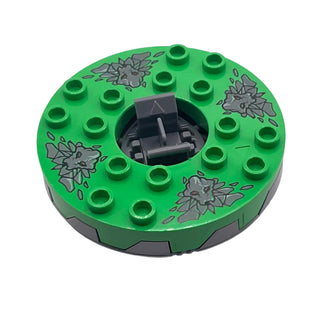 Ninjago Spinner Turntable 6 x 6 x 1 1/3 Round Base Serrated with Bright Green Top and Dark Bluish Gray Stone Heads Pattern, Part# bb0549c05pb01 Part LEGO® Flat Silver with Trans-Clear Plate Round Bottom Very Good