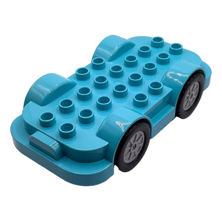 Duplo Car Base 4 x 8 with Four Black Wheels and Light Bluish Gray Hubs with Push & Go Motor, Part# 65567c01