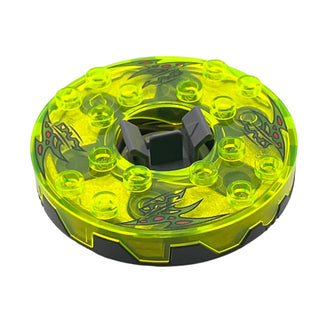 Ninjago Spinner Turntable 6 x 6 x 1 1/3 Round Base Serrated with Trans-Neon Green Top and Green with Red Spots Pattern, Part# bb0549c10pb01 Part LEGO® Pearl Dark Gray with Trans-Clear Spinner Bottom Very Good