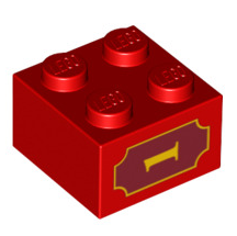 Brick 2x2 with Yellow '1' and Fancy Outline Pattern on Both Sides, Part# 3003pb027 Part LEGO® Red  