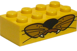 Brick 2x4 with Cat Whiskers, Nose, Mouth, and Fangs Pattern, Part# 3001pb013 Part LEGO® Yellow  