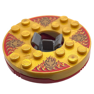 Ninjago Spinner Turntable 6 x 6 x 1 1/3 Round Base with Pearl Gold Top with Gold Faces on Red Pattern, Part# 92549c04pb01 Part LEGO® Red with Trans-Clear Plate Round Bottom Very Good