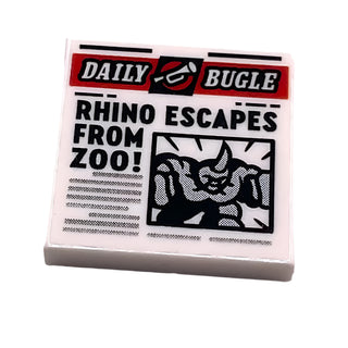 Tile 2x2 with Newspaper 'DAILY BUGLE' and 'RHINO ESCAPES FROM ZOO!' Pattern, Part# 3068pb1728 Part LEGO® White