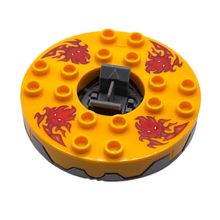 Ninjago Spinner Turntable 6 x 6 x 1 1/3 Round Base Serrated with Bright Light Orange Top and Red Flames and Lion Heads Pattern, Part# bb0549c09pb01 Part LEGO® Flat Silver with Trans-Clear Spinner Bottom Very Good